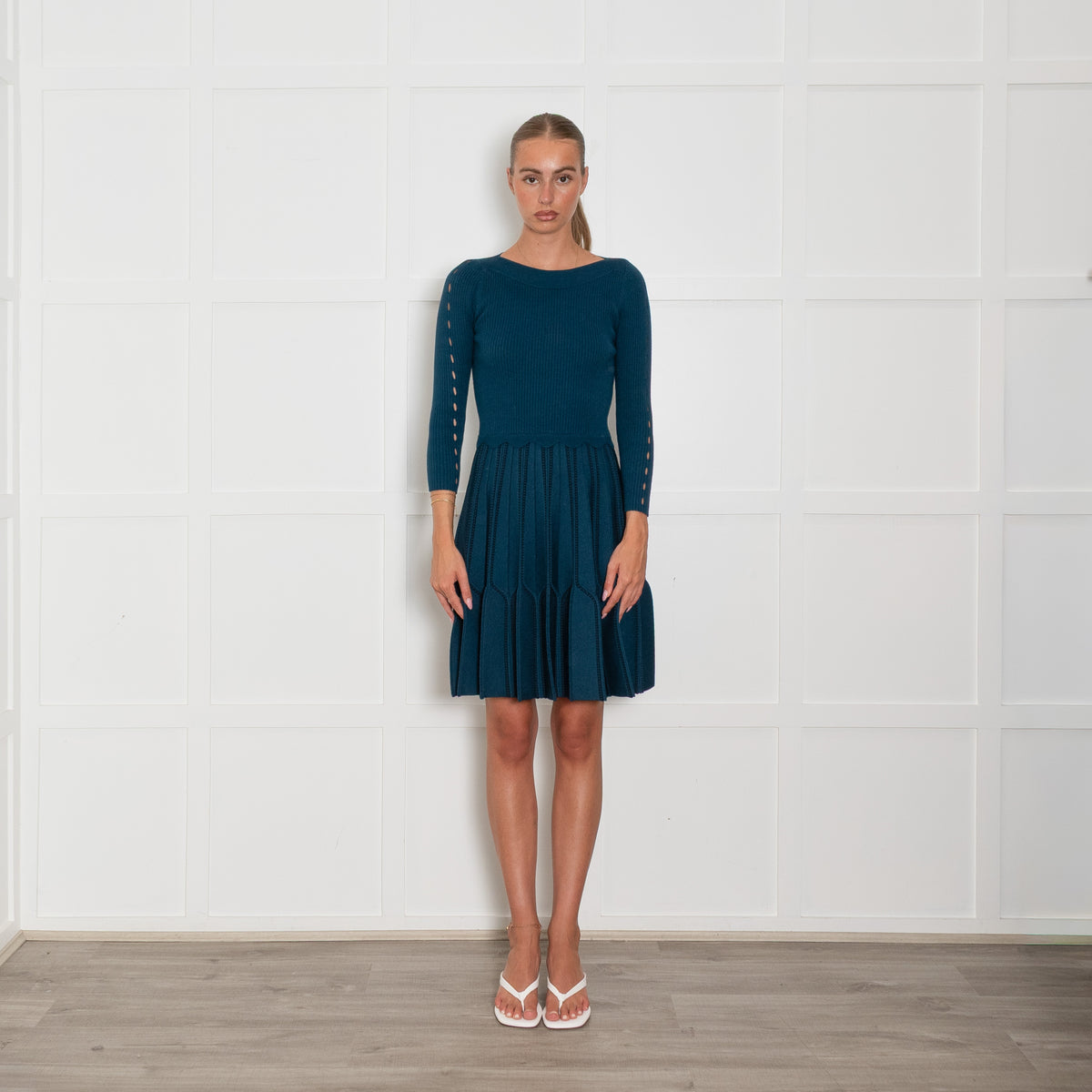 Sandro Teal Ribbed Mini Dress with Keyhole Details
