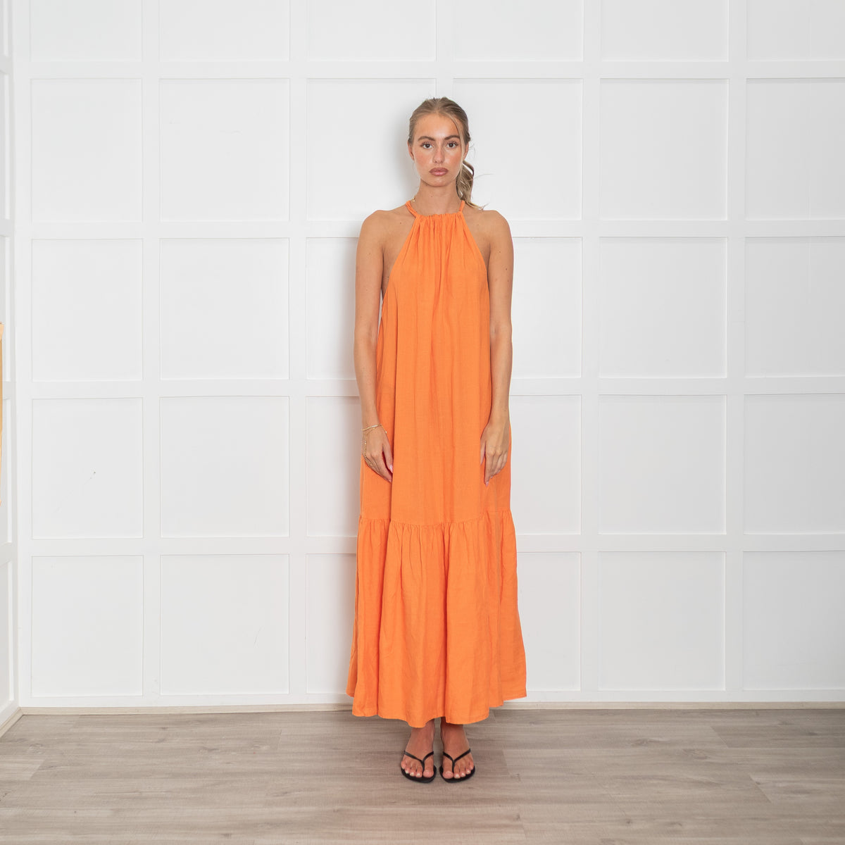 Asceno Orange Linen Halterneck Maxi Dress