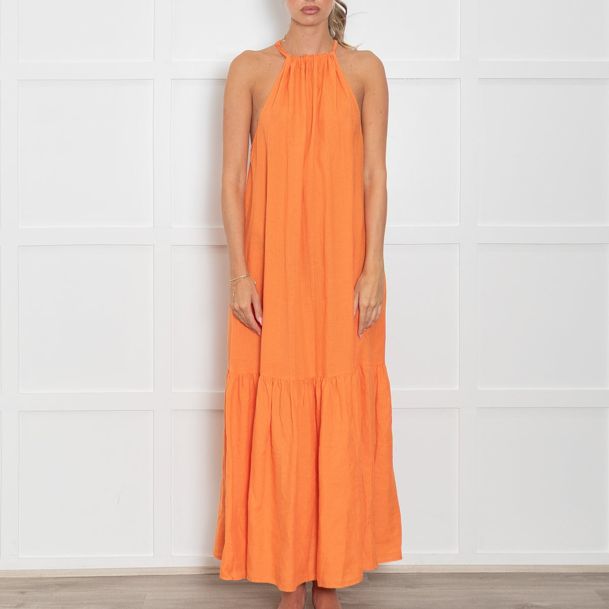 Asceno Orange Linen Halterneck Maxi Dress