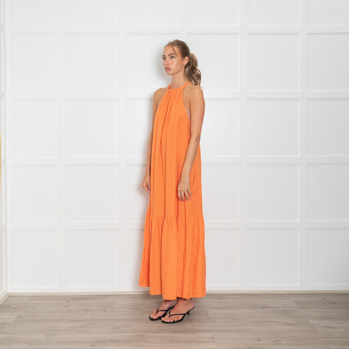 Asceno Orange Linen Halterneck Maxi Dress
