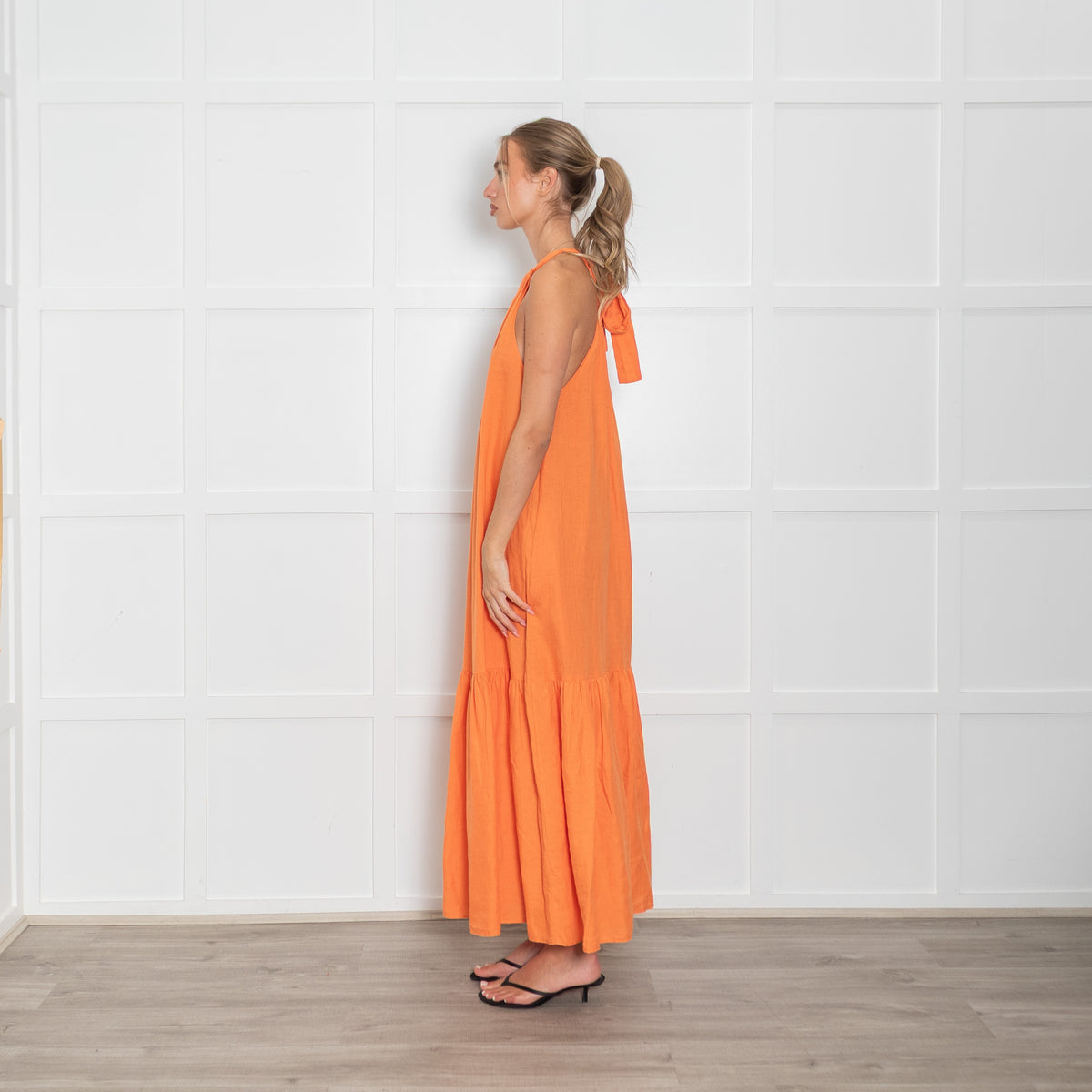 Asceno Orange Linen Halterneck Maxi Dress