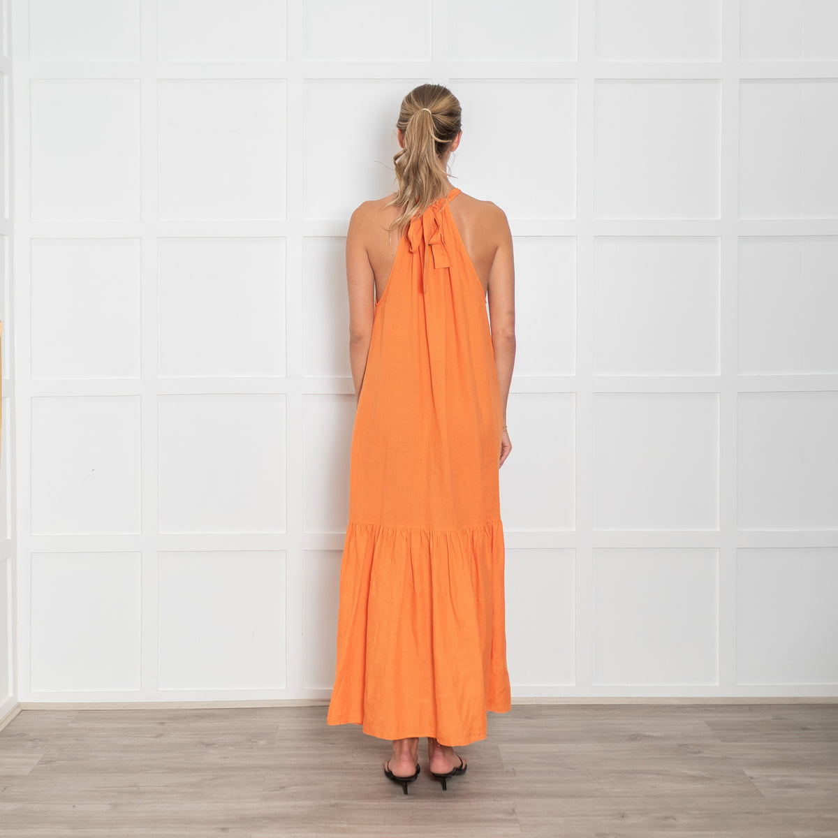 Asceno Orange Linen Halterneck Maxi Dress