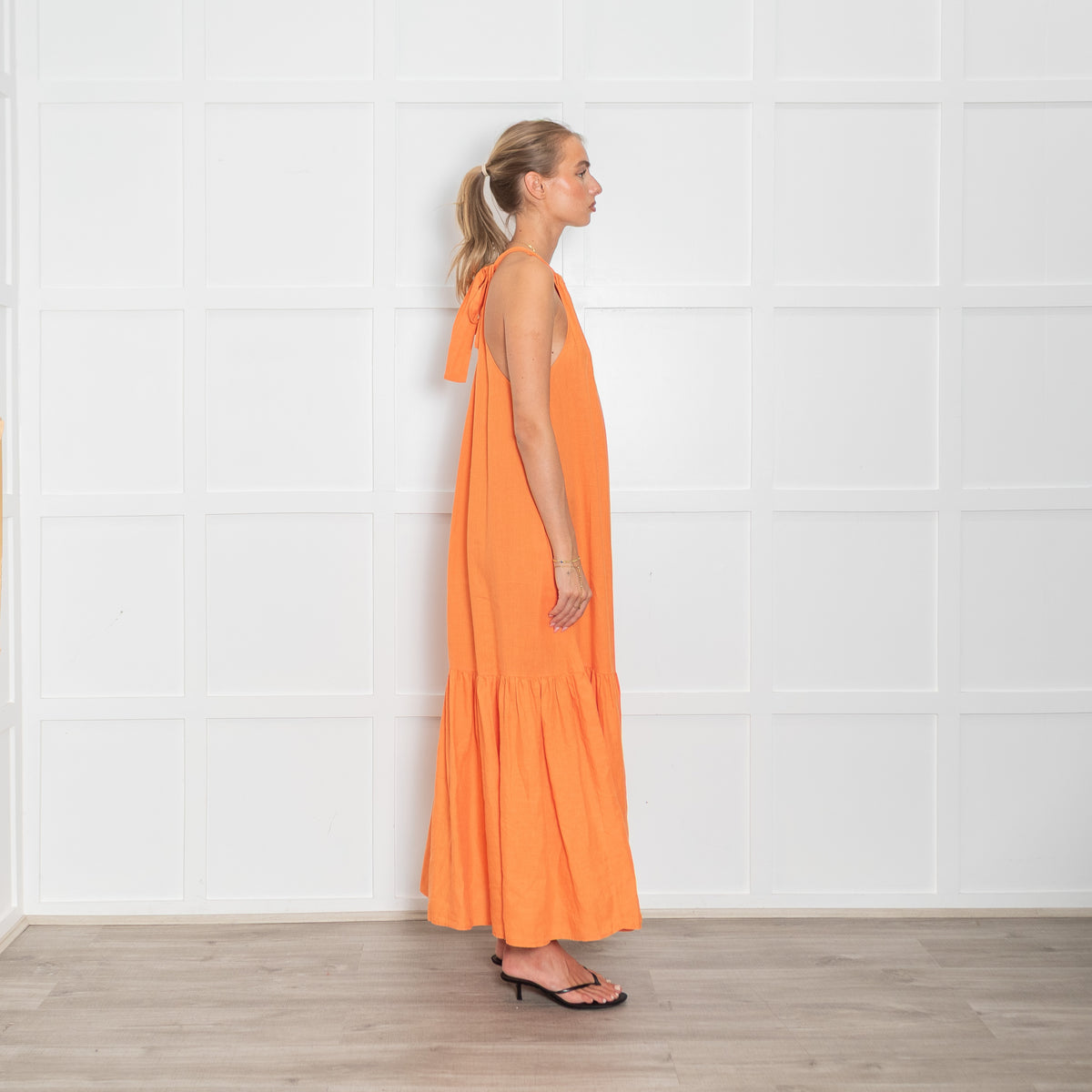Asceno Orange Linen Halterneck Maxi Dress