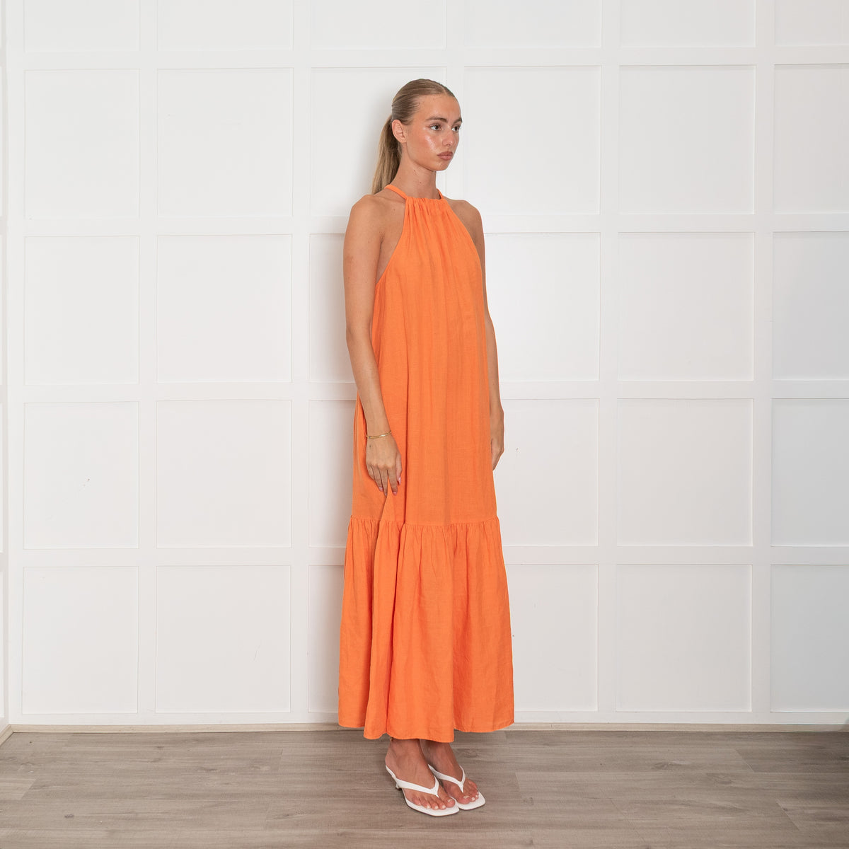 Asceno Orange Linen Halterneck Maxi Dress