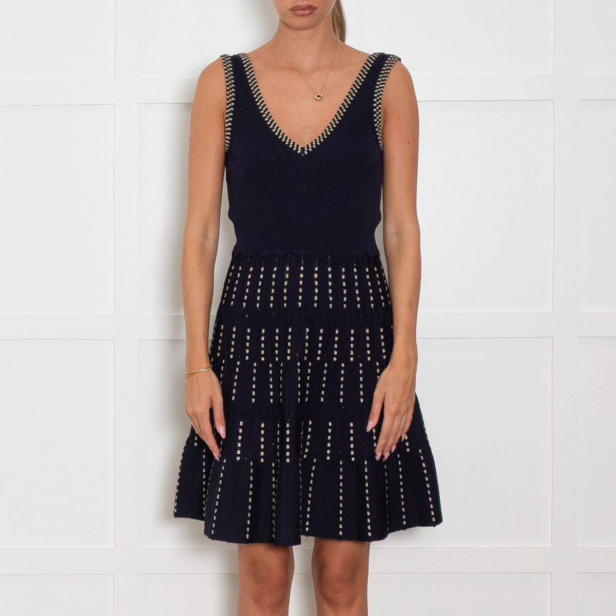 Sandro Navy Knit Deep V Mini Dress with Gold Accents
