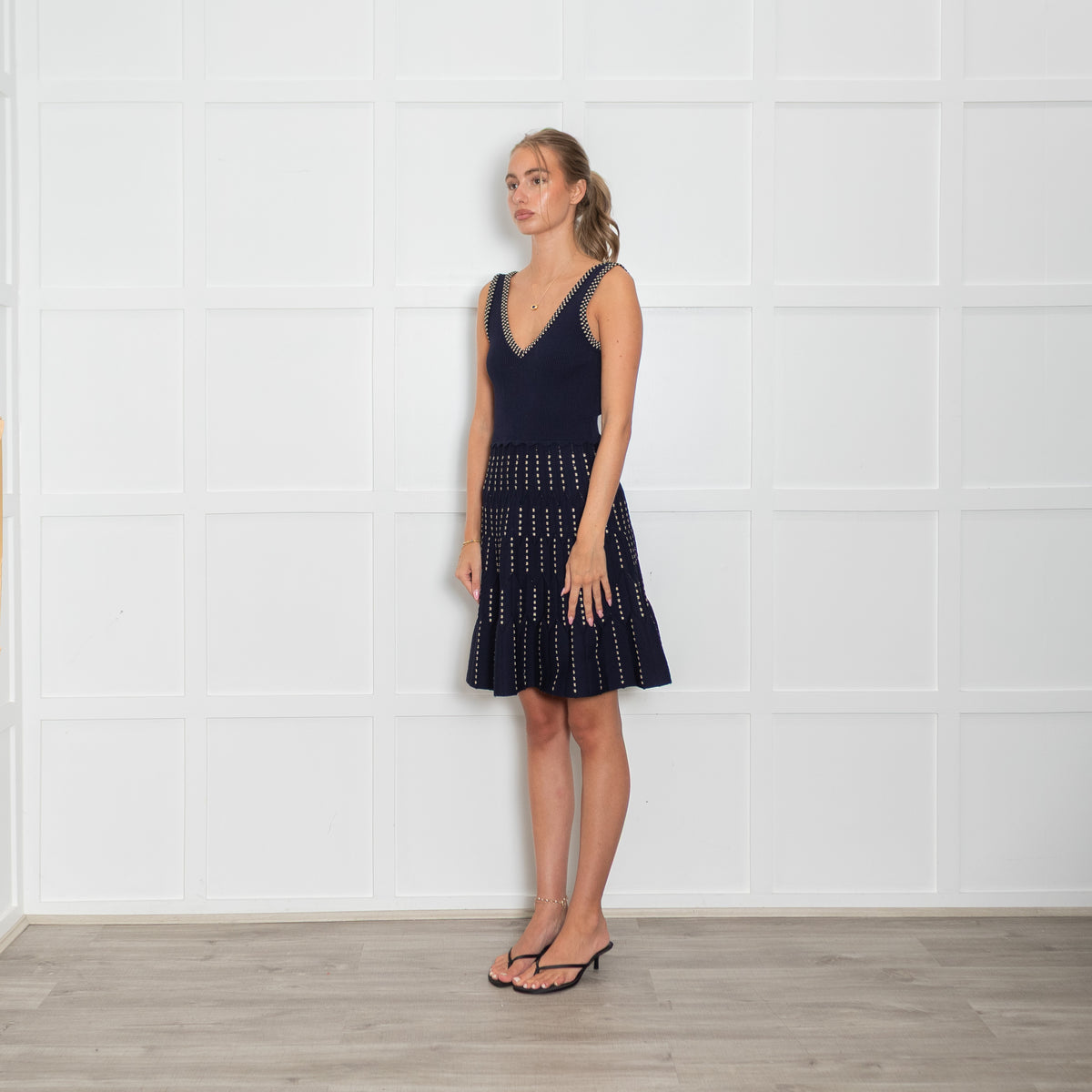 Sandro Navy Knit Deep V Mini Dress with Gold Accents