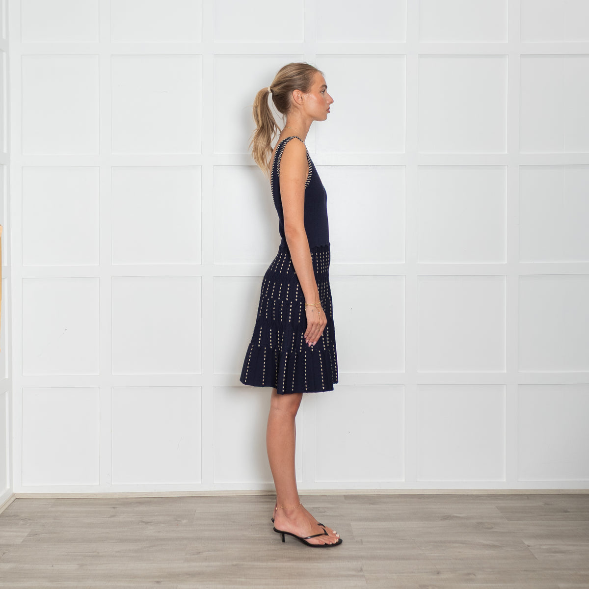 Sandro Navy Knit Deep V Mini Dress with Gold Accents