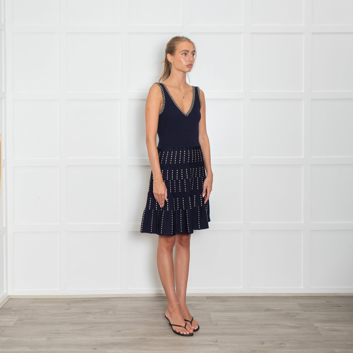 Sandro Navy Knit Deep V Mini Dress with Gold Accents