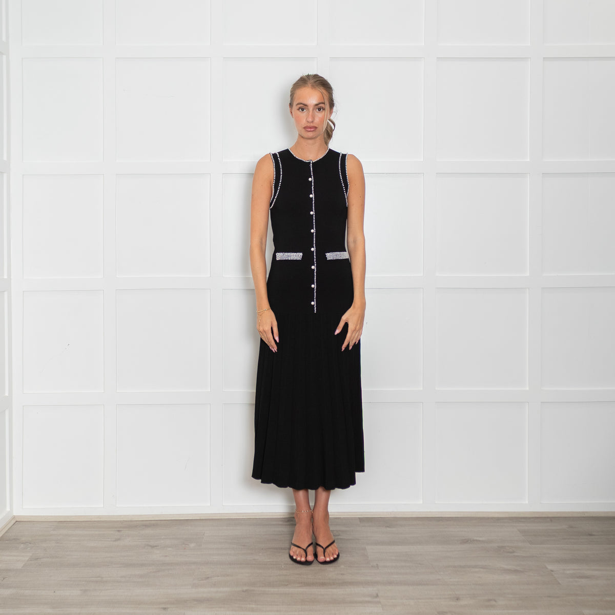 Sandro Black Round Neck Knit Midi Dress with Pearl Trim – Phoenix Style