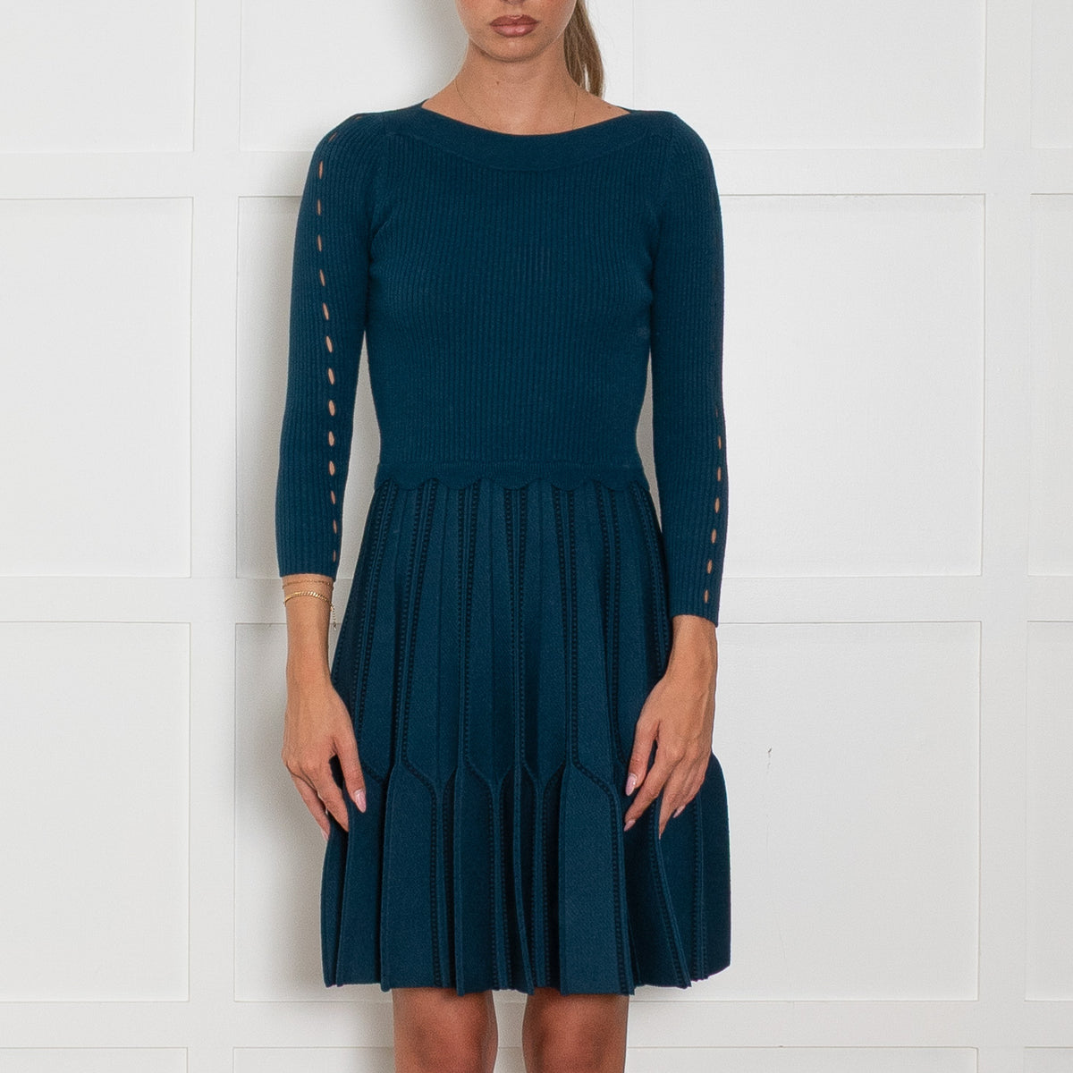 Sandro Teal Ribbed Mini Dress with Keyhole Details