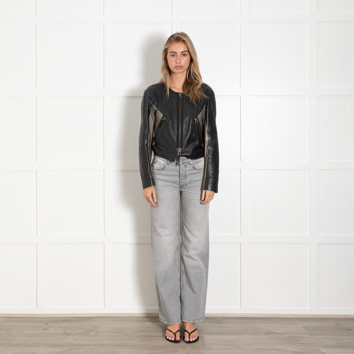 2ND Day Black & Taupe Leather Biker Jacket - Image 1