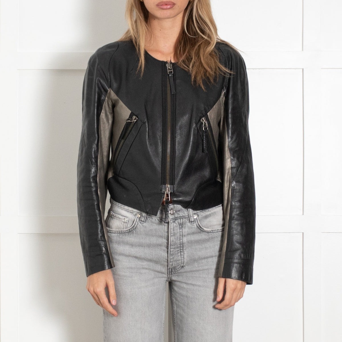 2ND Day Black & Taupe Leather Biker Jacket - Image 2
