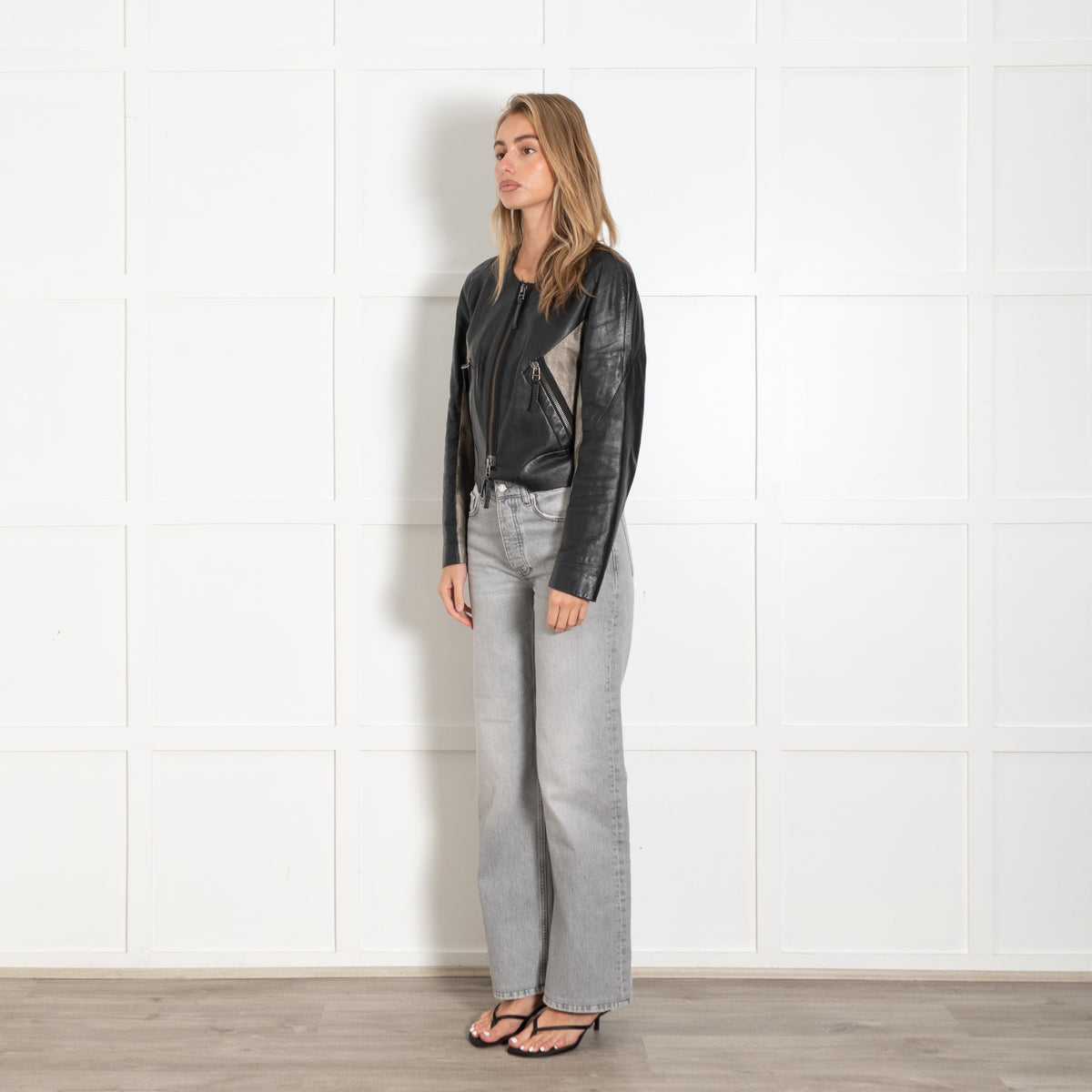 2ND Day Black & Taupe Leather Biker Jacket - Image 3