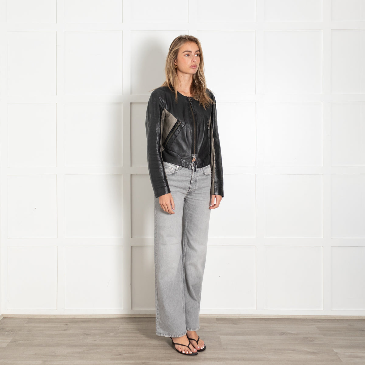 2ND Day Black & Taupe Leather Biker Jacket - Image 7