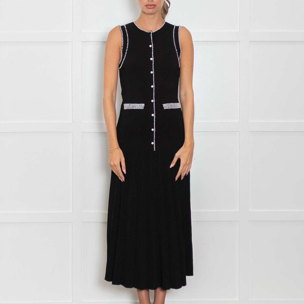 Sandro Black Round Neck Knit Midi Dress with Pearl Trim