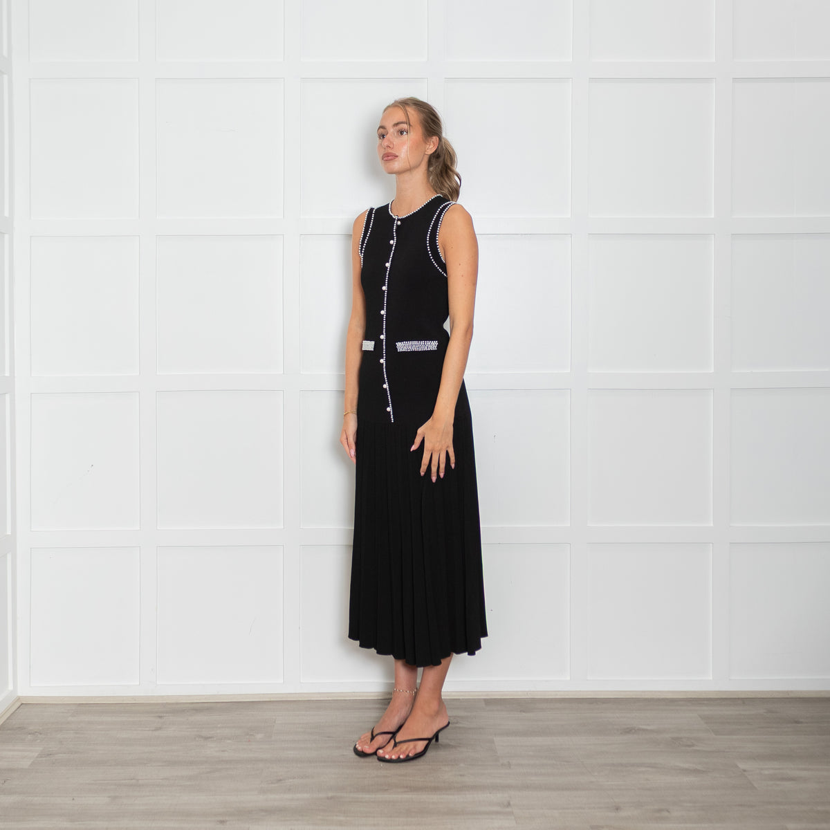Sandro Black Round Neck Knit Midi Dress with Pearl Trim