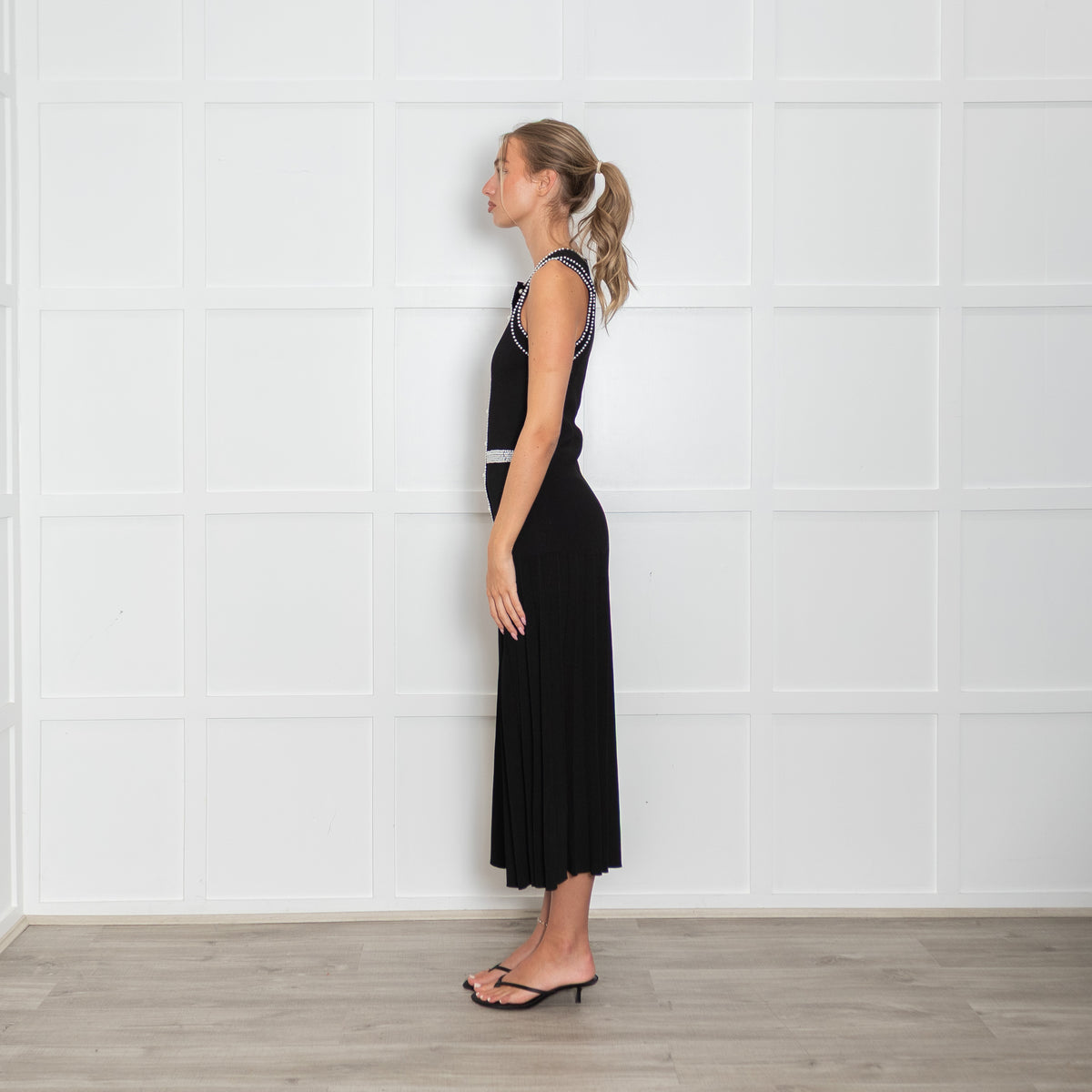 Sandro Black Round Neck Knit Midi Dress with Pearl Trim