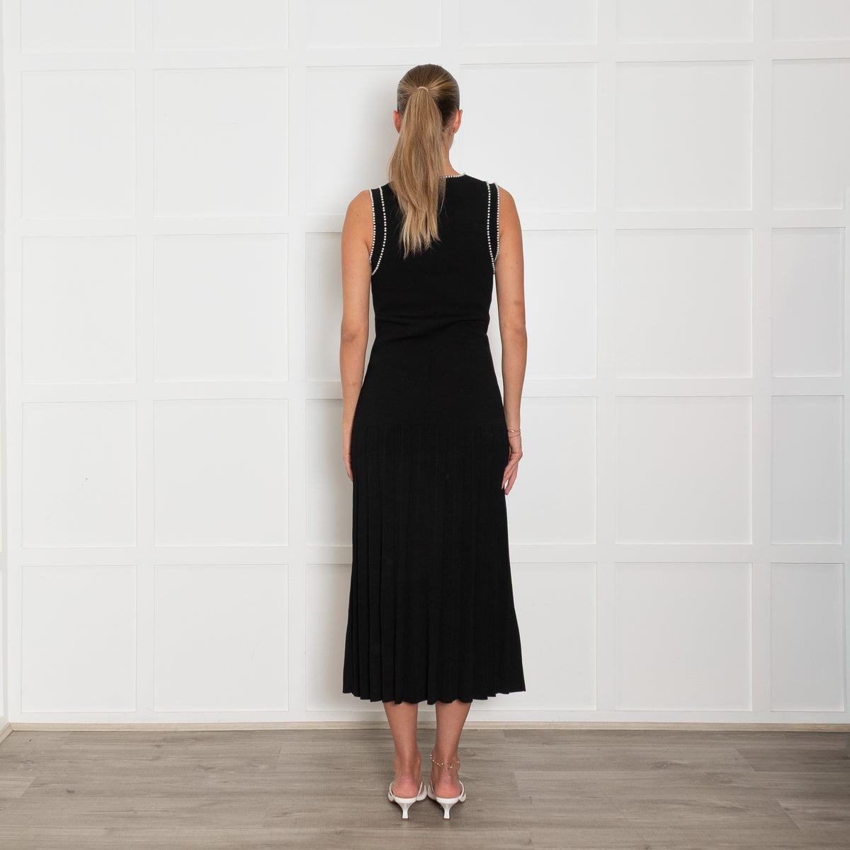 Sandro Black Round Neck Knit Midi Dress with Pearl Trim