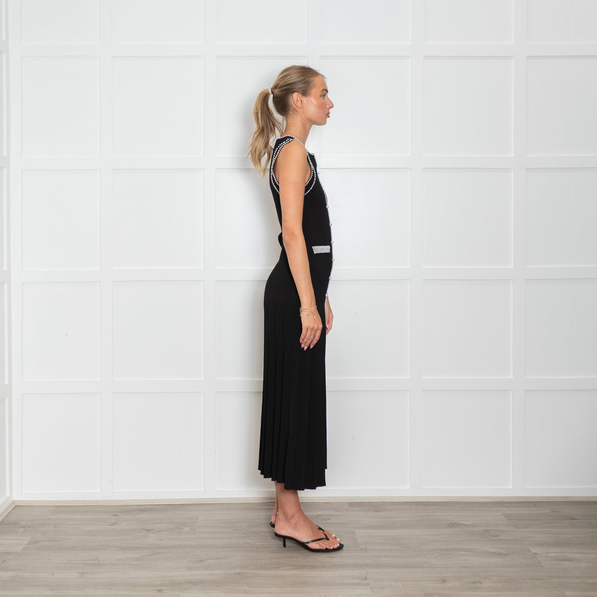 Sandro Black Round Neck Knit Midi Dress with Pearl Trim