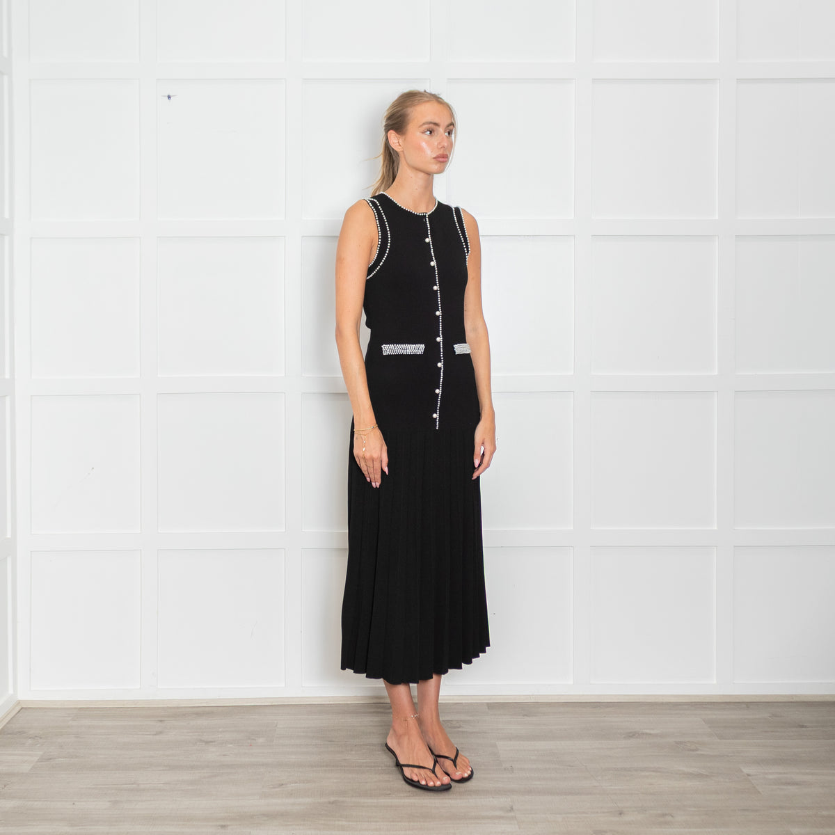 Sandro Black Round Neck Knit Midi Dress with Pearl Trim
