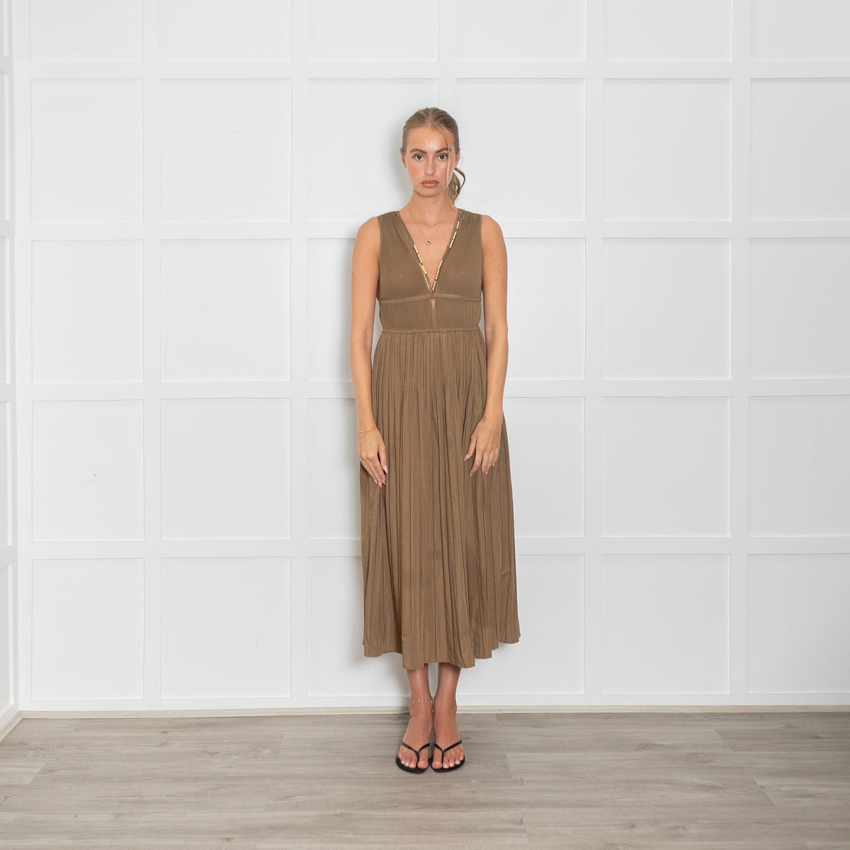 Maje Khaki Plisse Midi Dress with Deep V and Gold Faceted Beading