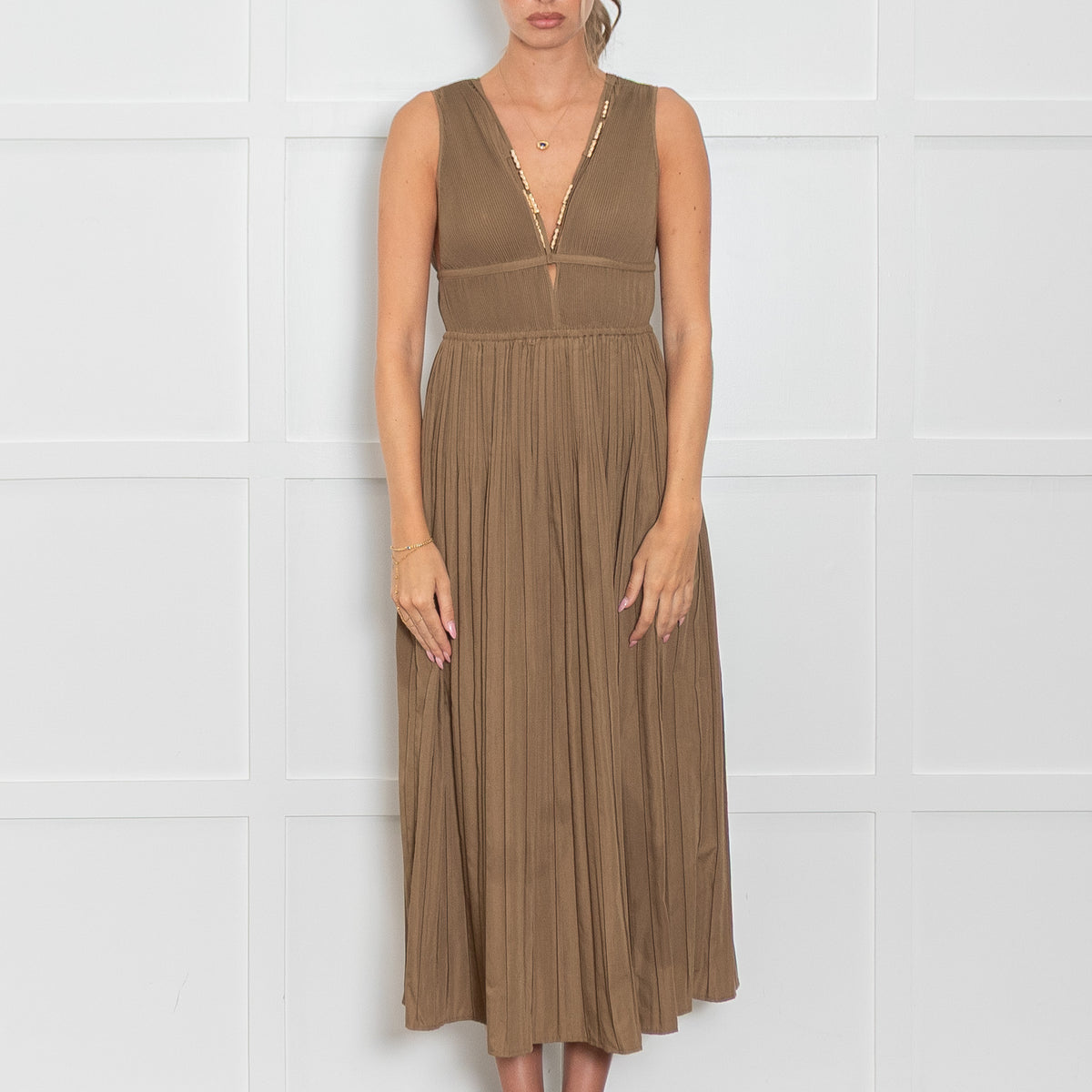 Maje Khaki Plisse Midi Dress with Deep V and Gold Faceted Beading
