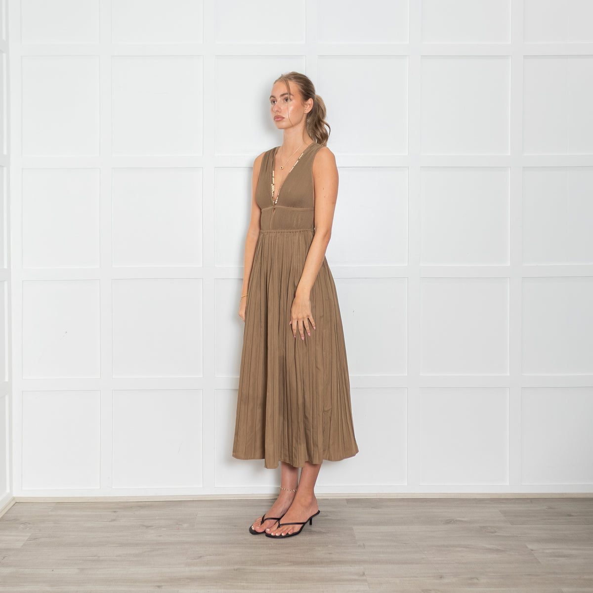 Maje Khaki Plisse Midi Dress with Deep V and Gold Faceted Beading