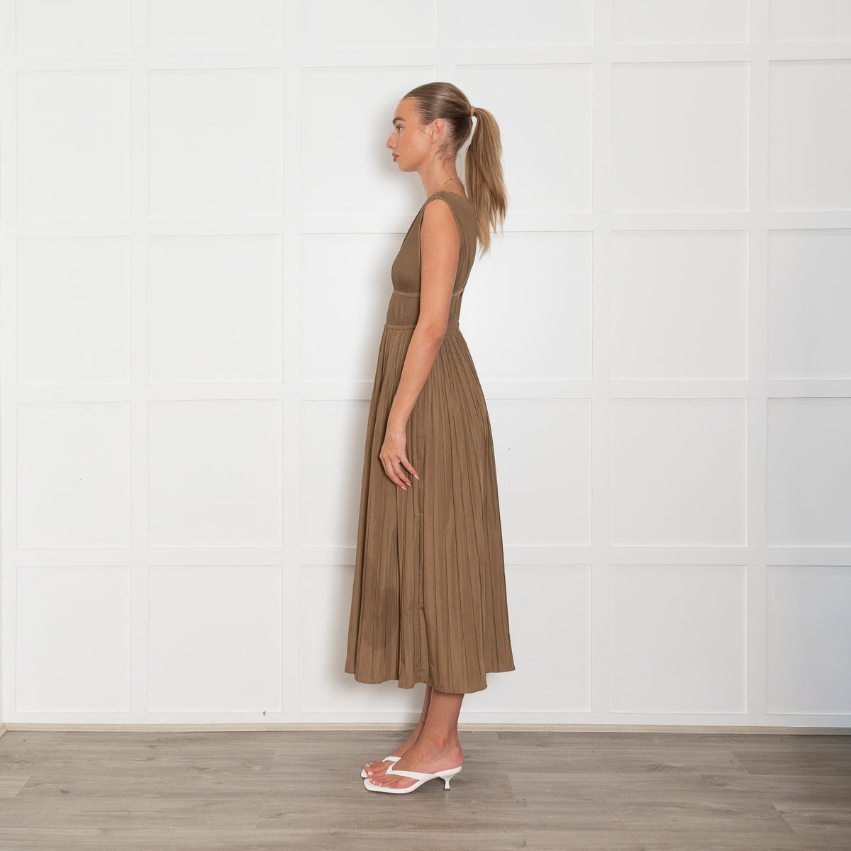 Maje Khaki Plisse Midi Dress with Deep V and Gold Faceted Beading