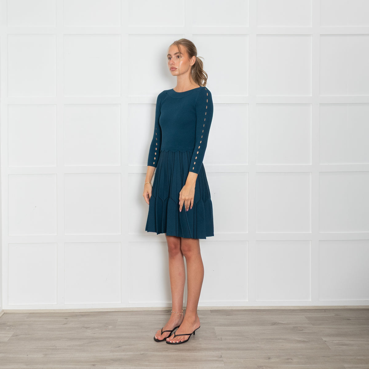 Sandro Teal Ribbed Mini Dress with Keyhole Details