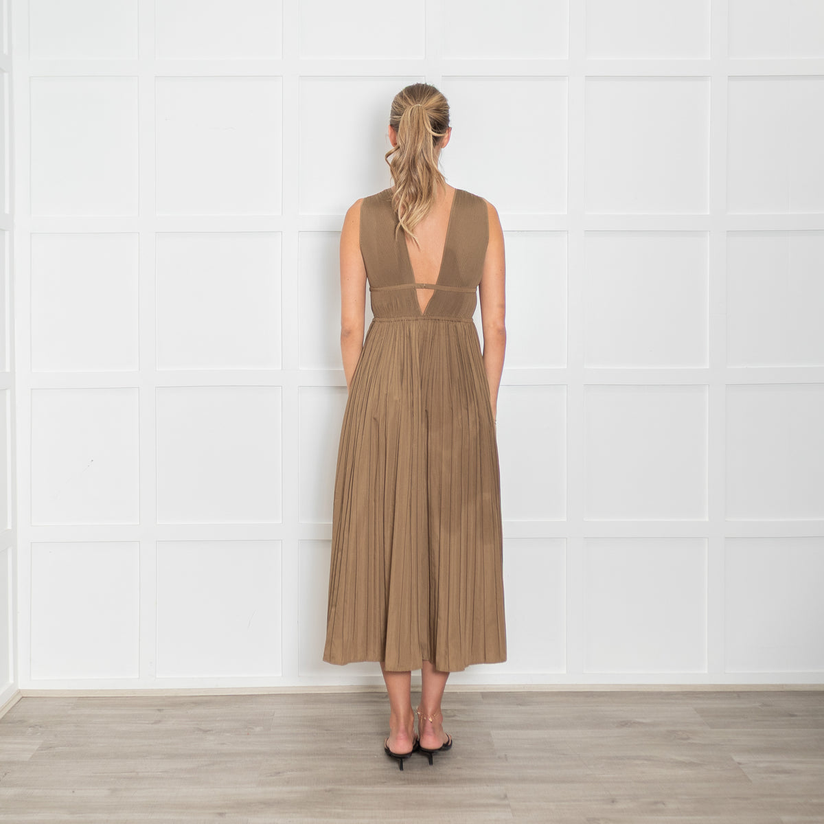 Maje Khaki Plisse Midi Dress with Deep V and Gold Faceted Beading