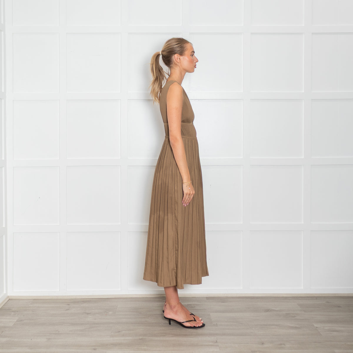 Maje Khaki Plisse Midi Dress with Deep V and Gold Faceted Beading