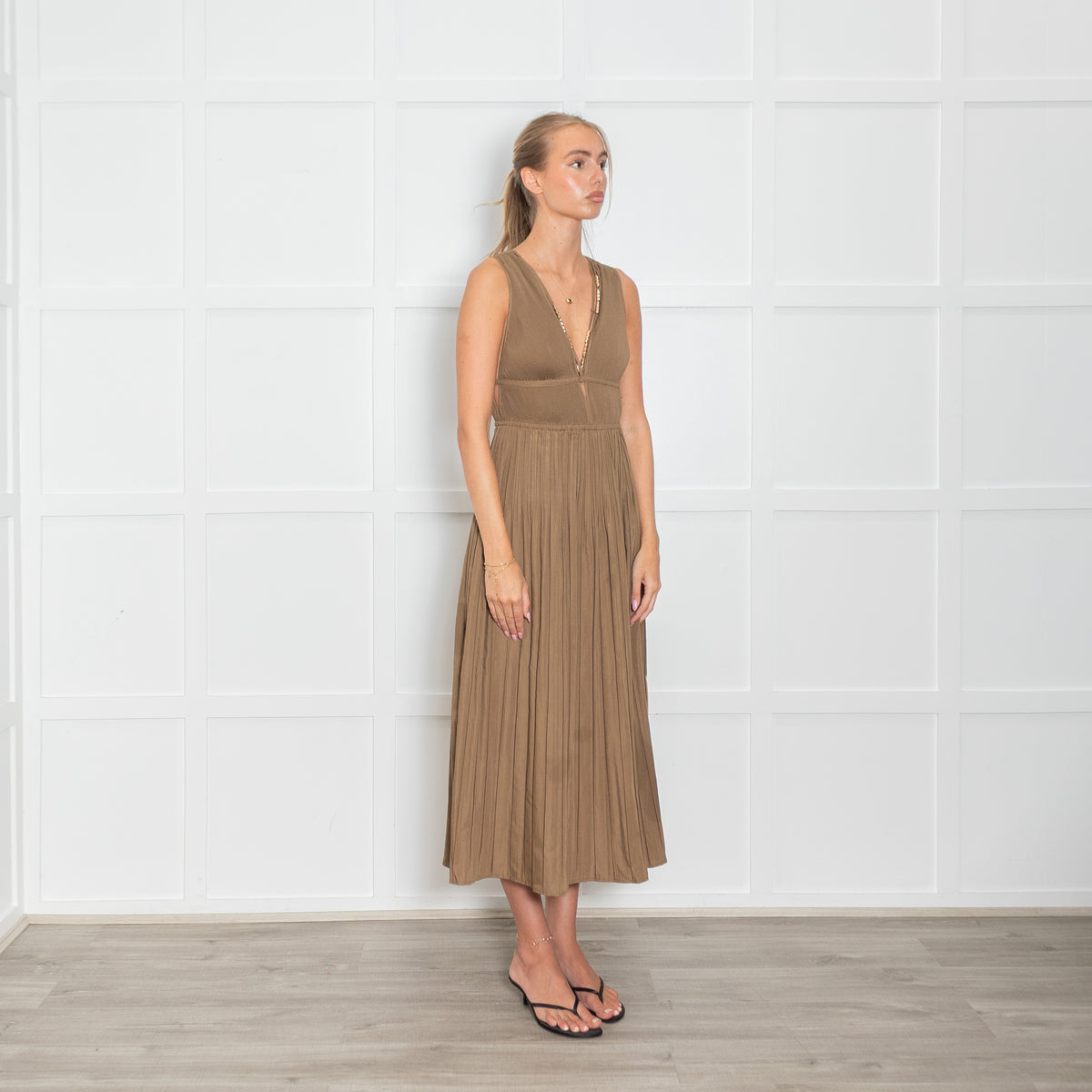 Maje Khaki Plisse Midi Dress with Deep V and Gold Faceted Beading
