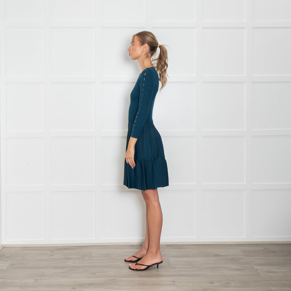 Sandro Teal Ribbed Mini Dress with Keyhole Details