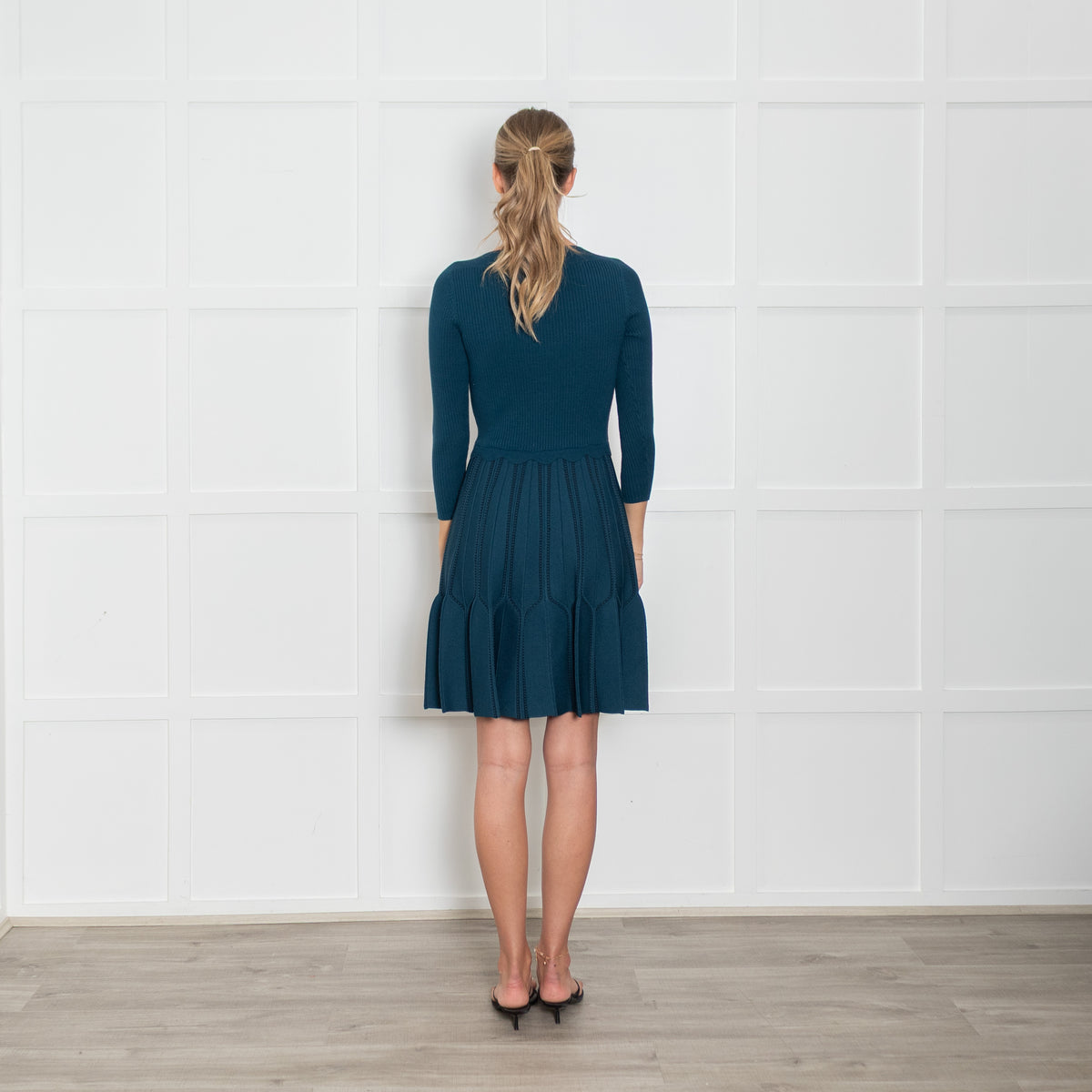 Sandro Teal Ribbed Mini Dress with Keyhole Details