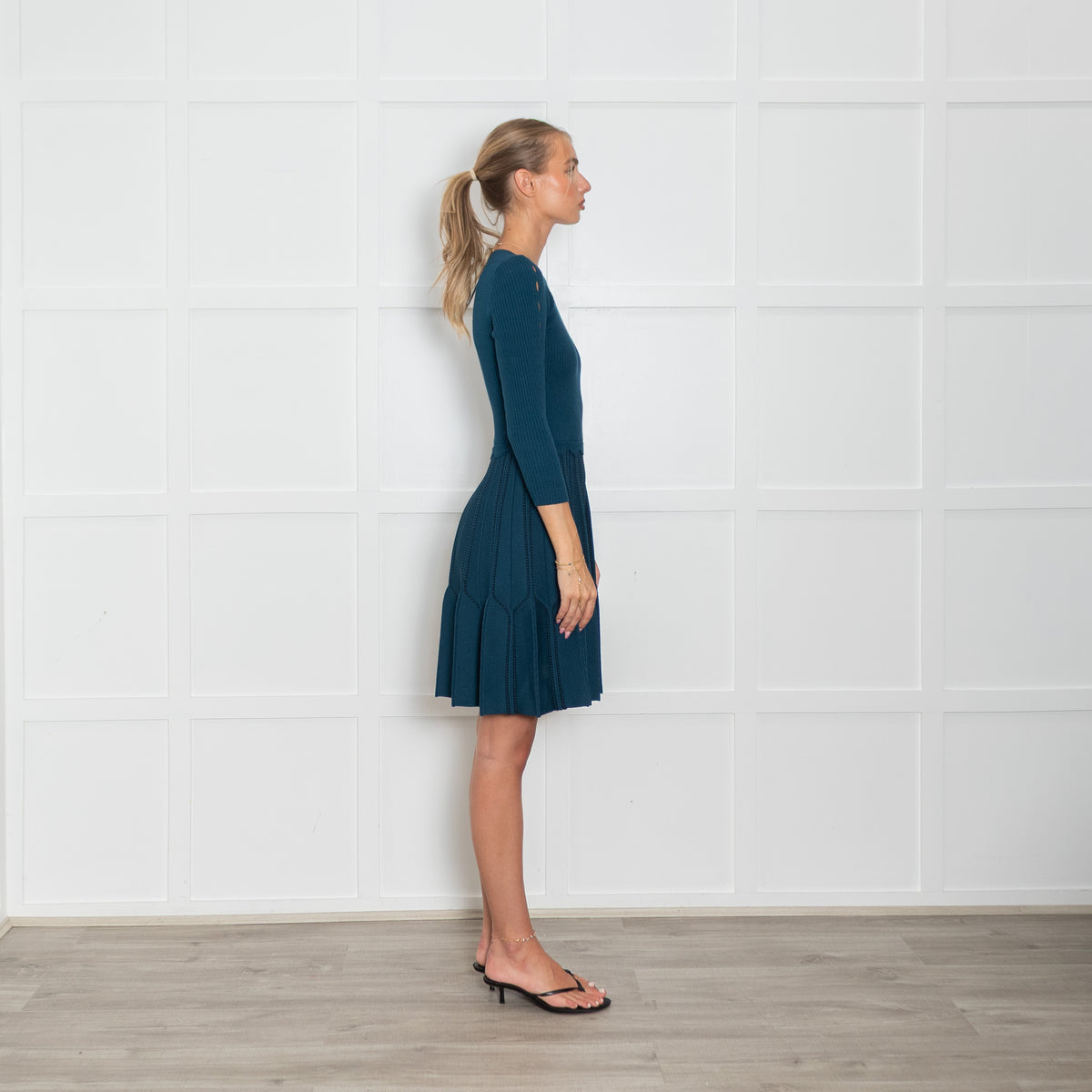 Sandro Teal Ribbed Mini Dress with Keyhole Details