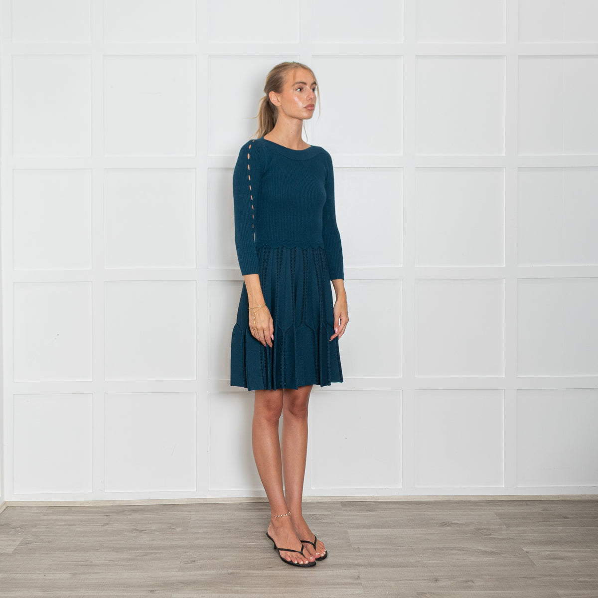 Sandro Teal Ribbed Mini Dress with Keyhole Details