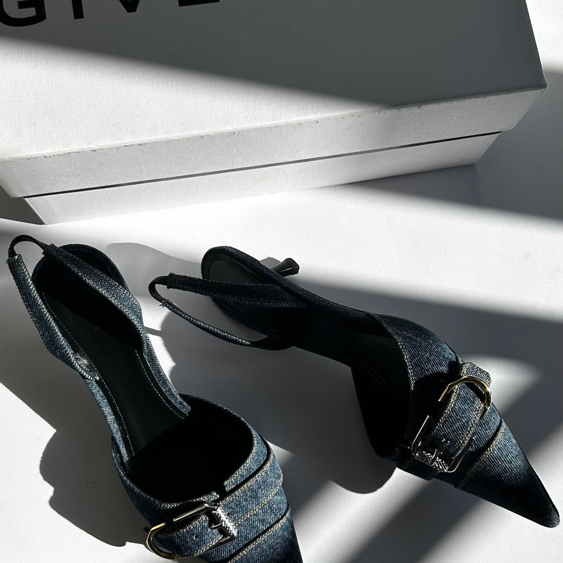 Givenchy Blue Denim Voyou Kitten Heel Slingback