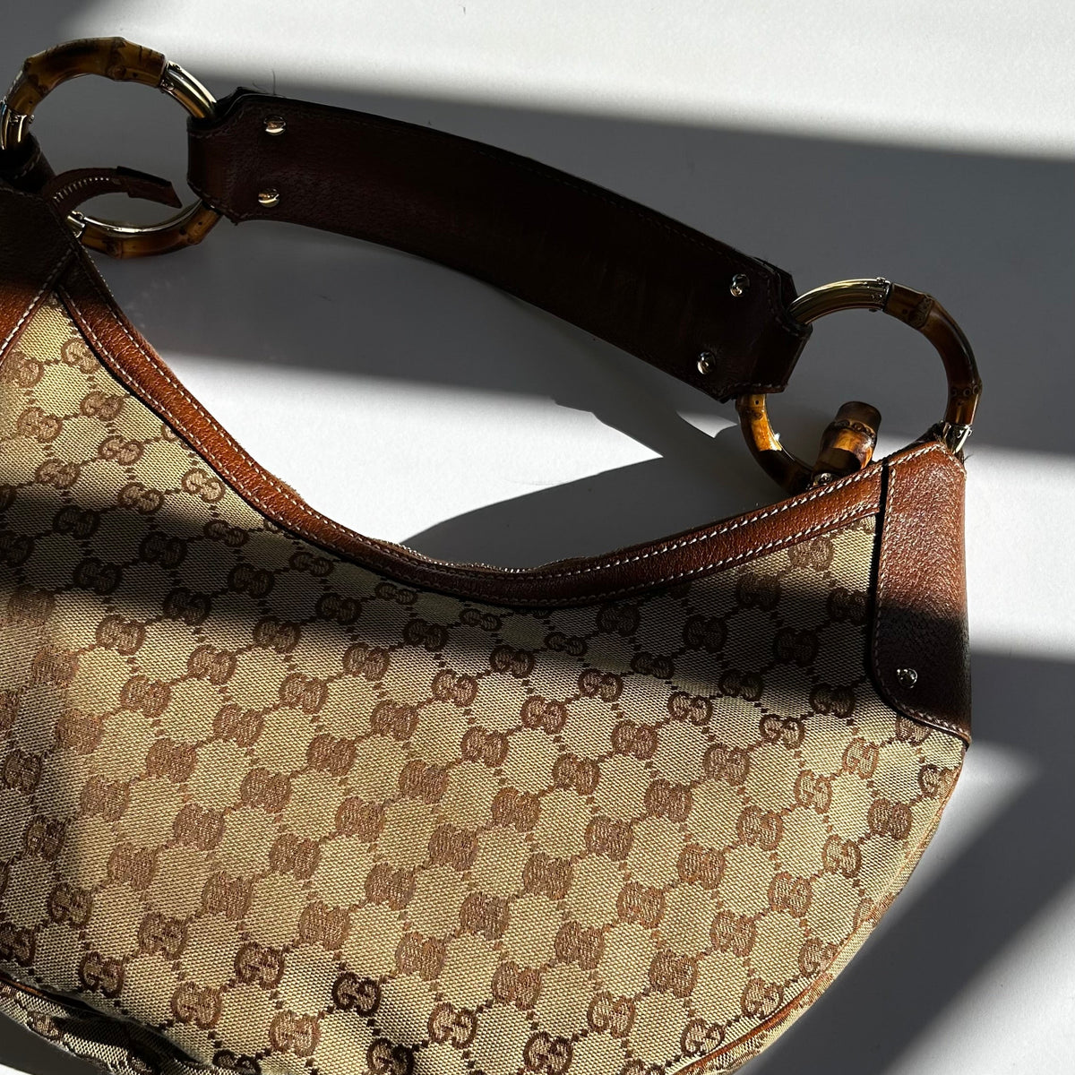 Gucci Tan Canvas Monogram Bamboo Half Moon Hobo Bag