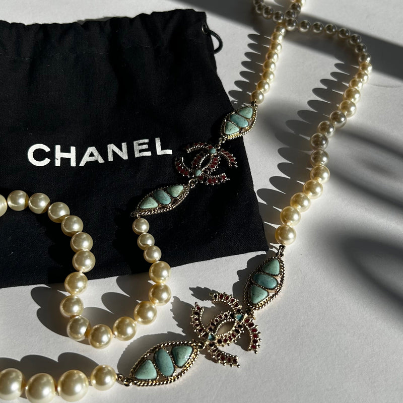 Chanel Cream Faux Pearl & Resin CC bead Necklace