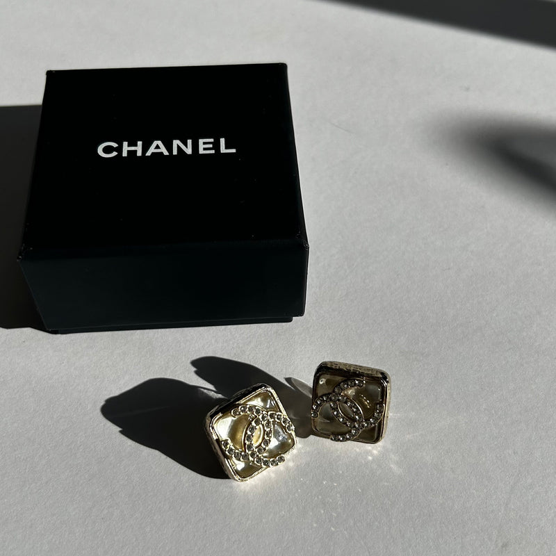 Chanel Champagne Gold Crystal Resin Earrings