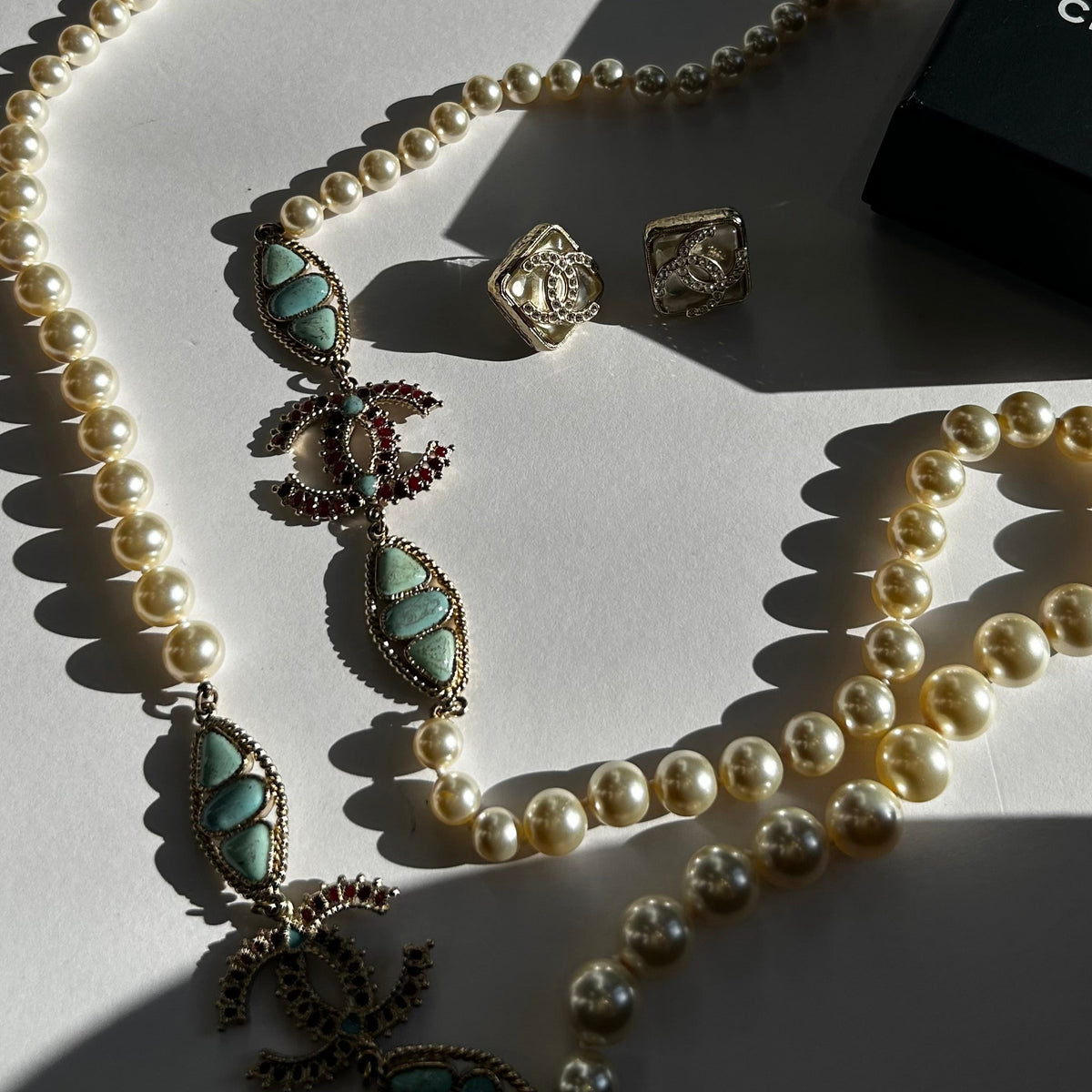 Chanel Cream Faux Pearl & Resin CC bead Necklace