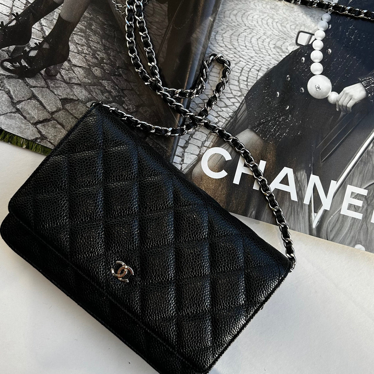 Chanel Black Caviar Leather Wallet On The Chain