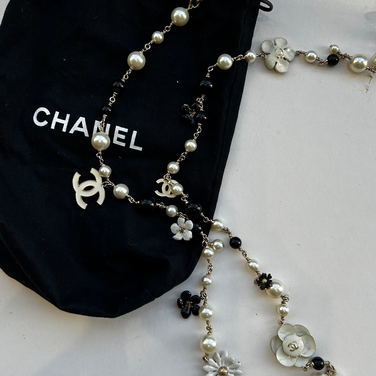 Chanel Black Cream Faux Pearl Camelia Necklace