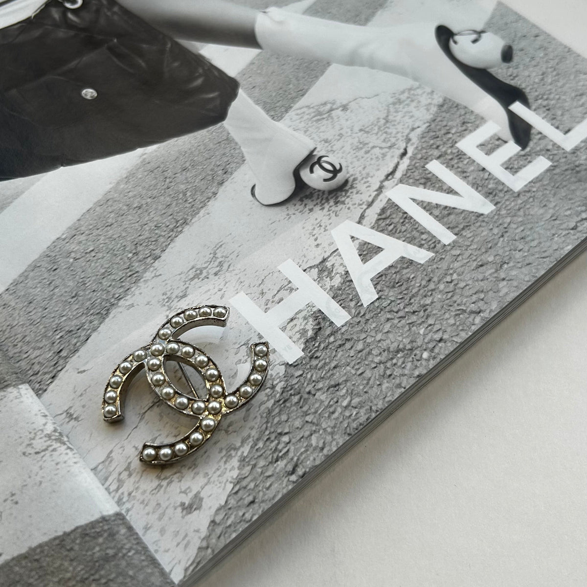 Chanel Silver Faux Pearl CC Brooch