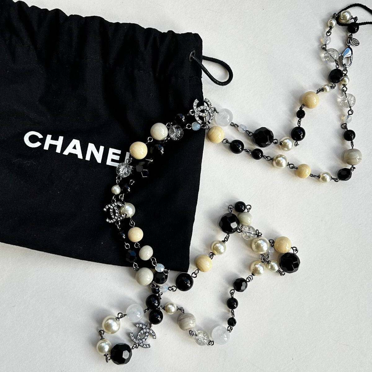 Chanel Cream Faux Pearl Black Bead Diamante CC Long Necklace