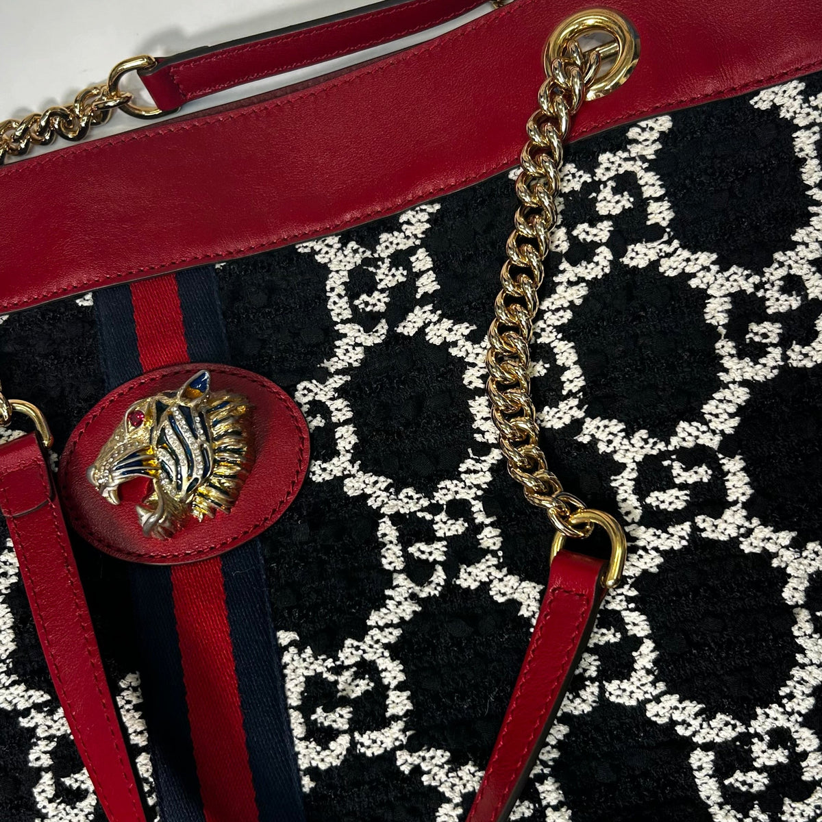Gucci Black & White Boucle Red Leather Trim Rajah Bag
