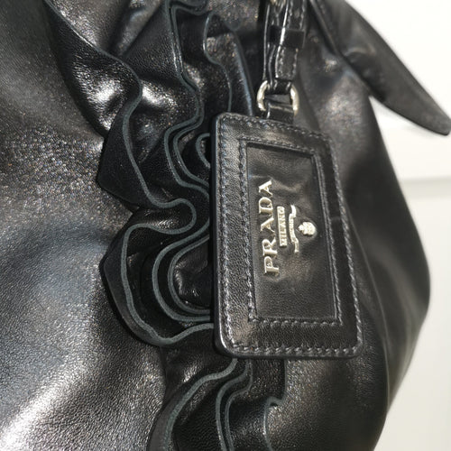 Prada Black Leather Ruffle Mordore Shoulder Bag