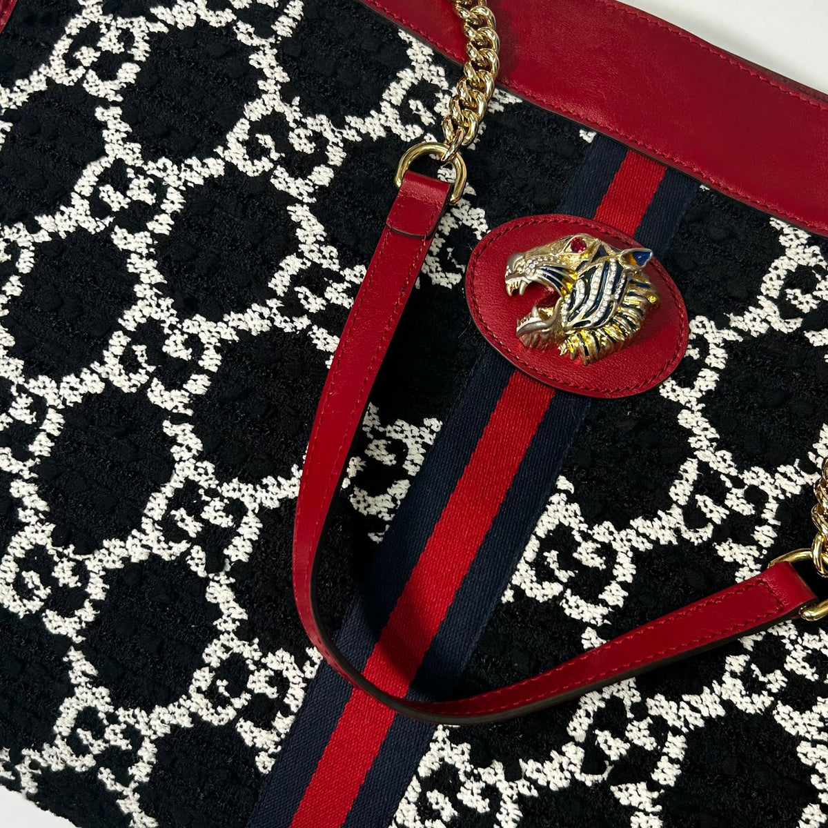 Gucci Black & White Boucle Red Leather Trim Rajah Bag
