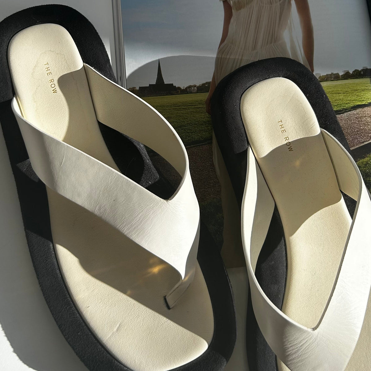 The Row White Leather Ginza Flip Flops