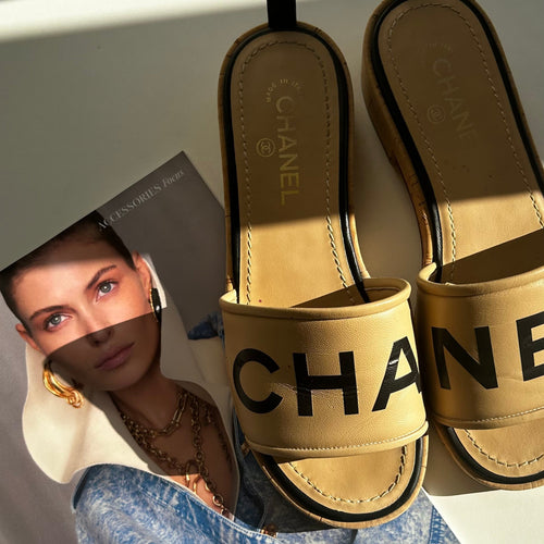 Chanel Beige Leather Logo Cork Sole Sandals